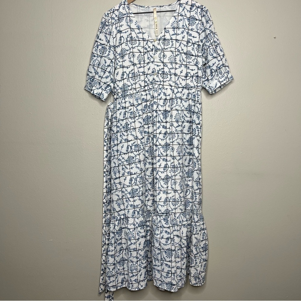 Uncle Frank Women Midi Dress Medium White Blue Floral Plaid Prairie Cottage Core